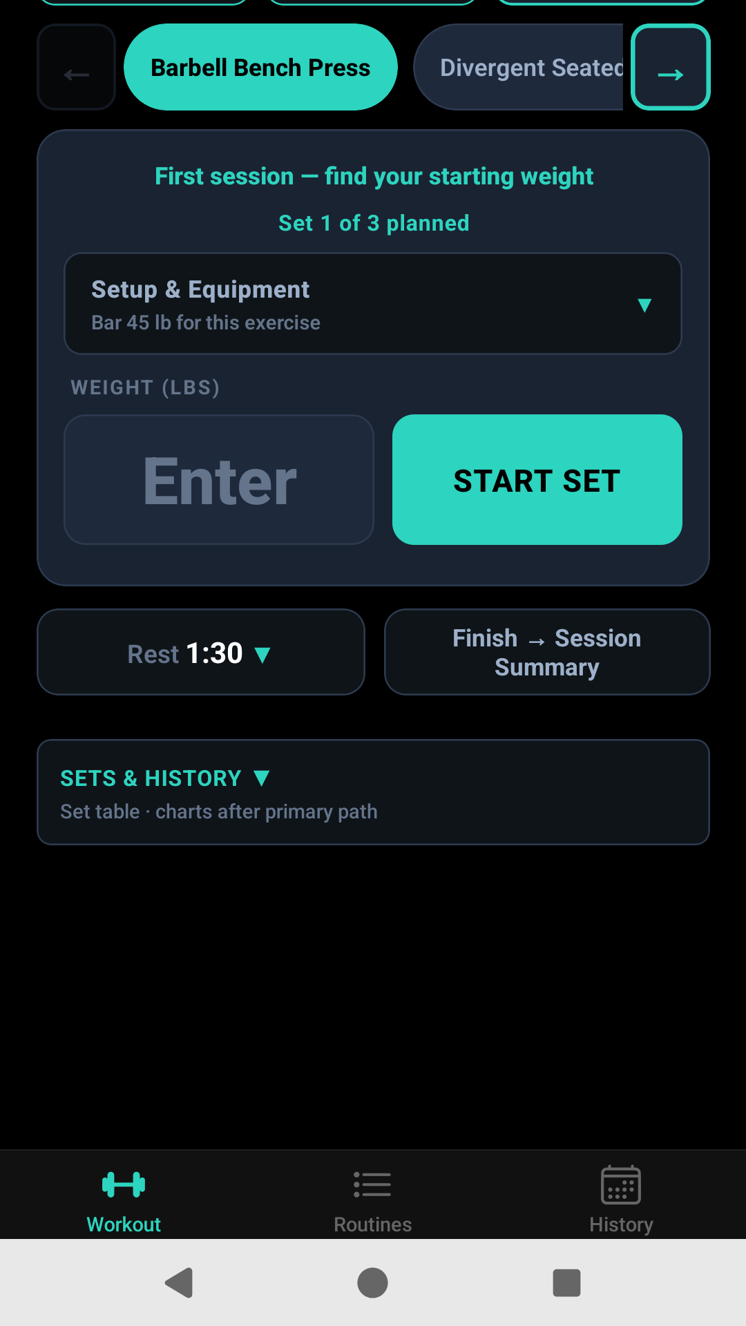 StewardFit active workout: Barbell Bench Press, weight entry, Start Set