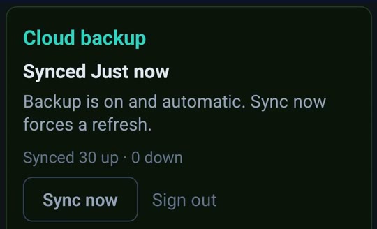 Cloud backup card: Synced just now, backup is on and automatic
