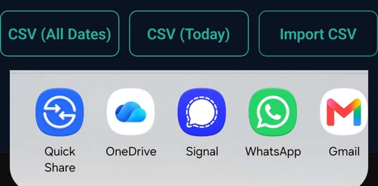 CSV export buttons and the phone share sheet: Quick Share, OneDrive, Signal, WhatsApp, Gmail